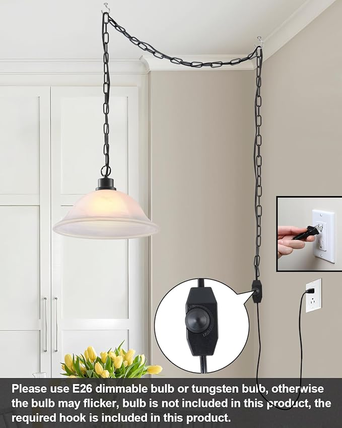 ANYLOVE Vintage Frosted Alabaster Plug in Pendant Light,12" Glass Shade,Black Chain,Adjustable Pendant Light,No Light Source,for Kitchen,Bedroom,Living Room
