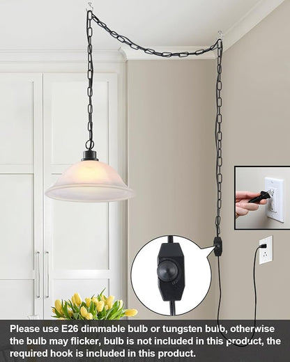 ANYLOVE Vintage Frosted Alabaster Plug in Pendant Light,12" Glass Shade,Black Chain,Adjustable Pendant Light,No Light Source,for Kitchen,Bedroom,Living Room