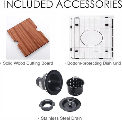 KINGO HOME Black Undermount Bar Sink, 15x15 Inch Stainless Steel Small Workstation RV Sinks 16 Gauge Ledge Kitchen Gunmetal Black Single Bowl Kitchen Wet Bar Prep Sink with Accessories