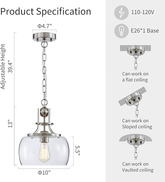 WUZUPS Chandelier Rustic Farmhouse Industrial Round Ceiling Pendant LED Light Fixture with Clear Glass Shades for Dining Room Kitchen Island Foyer Entryway, H 13" x W 10", E26 Base, Brushed Nickel