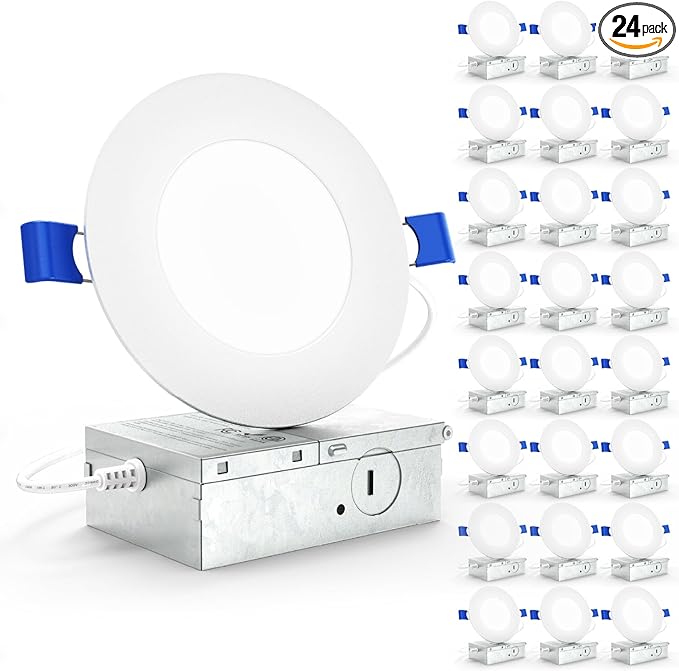 Sunco 24 Pack 4 Inch Ultra Thin LED Recessed Ceiling Lights Slim, 6000K Daylight Deluxe, Dimmable 10W, Canless Wafer Thin with Junction Box.
