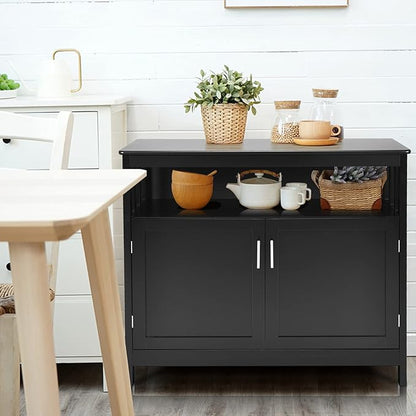 HAPPYGRILL Kitchen Buffet with Storage, Wooden Sideboard Storage Cupboard w/5-Position Adjustable Shelf, 2 Door and Large Tabletop, Buffet Server Cabinet Console Table for Entryway Dinging Room, Black