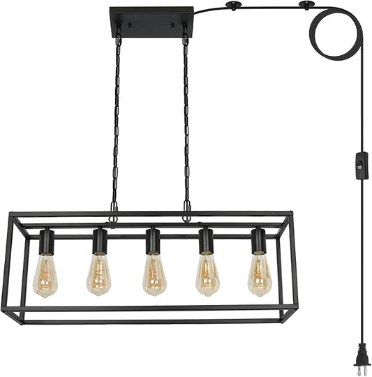 Black Farmhouse Plug in Kitchen Island Lighting, Industrial Modern 5-Light Linear Chandelier with 17.5ft Cord, Rectangular Light Fixtures for Dining Living Room Bar