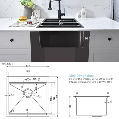 21 Drop In Sink-Bokaiya 21x20 Inch Small Drop In Bar Sink Black Stainless Steel Outdoor Rv Sink 16 Gauge Top Mount Single Bowl Small Kitchen Sink with Cutting Board