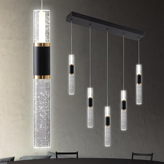 5-Lights Led Chandelier, Black and Gold Crystal Modern Led Chandelier for Dining Room, Luxury Dimmable Enterway Led Pendant Lights Fixture with Remote Control Flush Mount