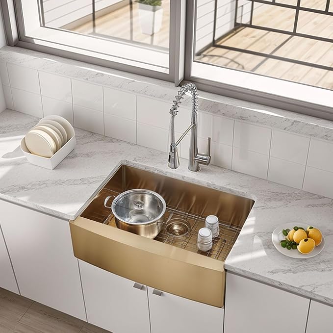 SHACO Gold Farmhouse Sink, 33 Inch Gold Stainless Steel Single Bowl Apron Front Undermount Farm Kitchen Sink with Accessories