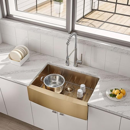 SHACO Gold Farmhouse Sink, 33 Inch Gold Stainless Steel Single Bowl Apron Front Undermount Farm Kitchen Sink with Accessories