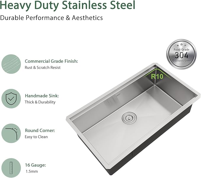 32 Inch Undermount Kitchen Sink Workstation - Couoko 32x19 Inch Undermount Single Bowl Workstation Sink 16 Gauge Stainless Steel Deep Handmade Under Counter Kitchen Sink with Accessories