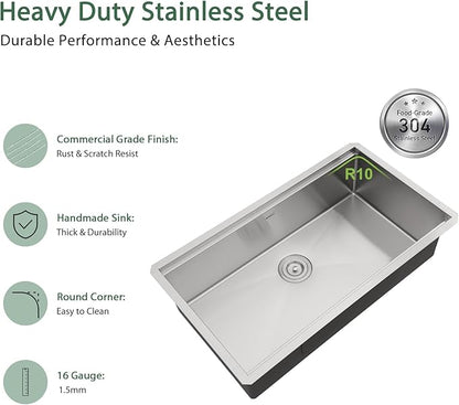 32 Inch Undermount Kitchen Sink Workstation - Couoko 32x19 Inch Undermount Single Bowl Workstation Sink 16 Gauge Stainless Steel Deep Handmade Under Counter Kitchen Sink with Accessories