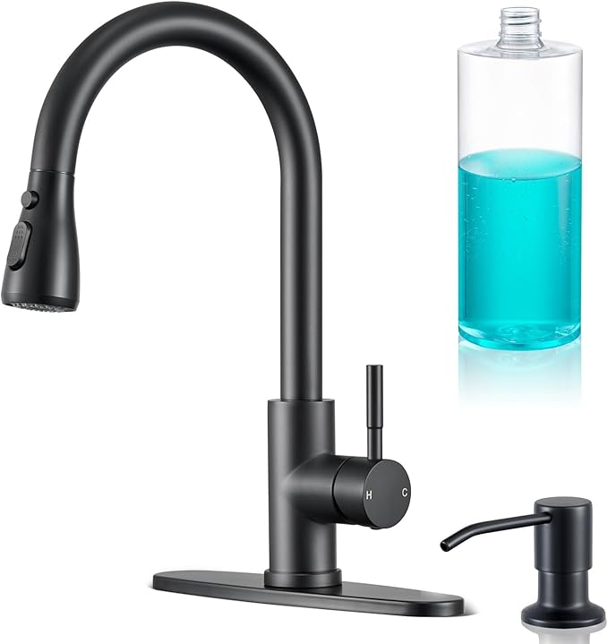 Matte Black Kitchen Faucets with Soap Dispenser, High Arc Single Handle Stainless Steel Kitchen Sink Faucet for 1 or 3 Hole, Ideal for Farmhouse RV Laundry Bar Camper & Commercial