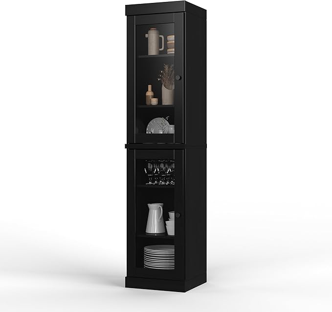 Palace Imports Solid Wood Kitchen Pantry Cabinet w/Glass Doors - Narrow Storage Cabinet - 16.5" Wide x 71.5" Tall - Black, Adjustable Shelves, 100% Eco-Friendly Wood, Modular Cabinets