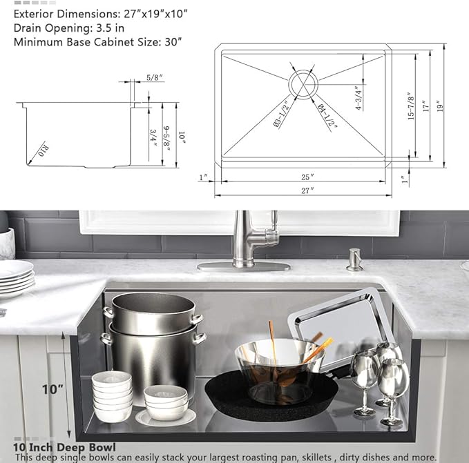 27 Inch Kitchen Sink Undermount-VASOYO 27x19 Stainless Steel Undermount Kitchen Sink Workstation 16 Gauge Deep Single Bowl Under Mount Sinks Basin with Cutting Board