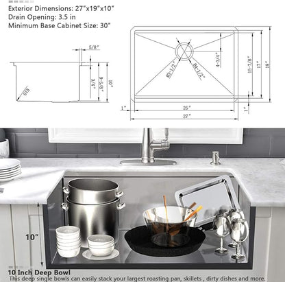 27 Inch Kitchen Sink Undermount-VASOYO 27x19 Stainless Steel Undermount Kitchen Sink Workstation 16 Gauge Deep Single Bowl Under Mount Sinks Basin with Cutting Board