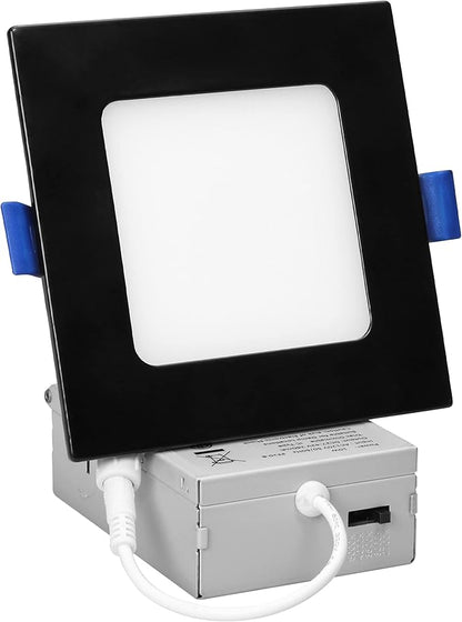 Maxxima 4 in. Square Ultra Thin Recessed LED Downlight - 5 CCT Color Selectable 2700K/3000K/3500K/4000K/5000K, 700 Lumens, Slim Black Trim, Dimmable Ceiling Fixture, Canless IC Rated, J-Box Included