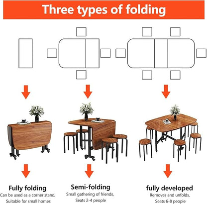 Wooden Foldable Kitchen Table with 6 Wheels，Drop Leaf Dining Table, Multifunction Expandable Folding Table, Space Saving Folding Kitchen Table, Seats 2-8 People, for Kitchen/Farmhouse/Living Room(Blac