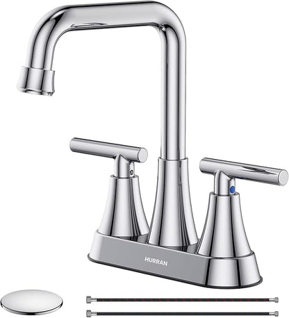 Bathroom Sink Faucet, Hurran 4 inch Chrome Bathroom Faucets for Sink 3 Hole with Pop-up Drain and Supply Lines, Stainless Steel 2-Handle Centerset Faucet for Bathroom Sink Vanity RV Restroom