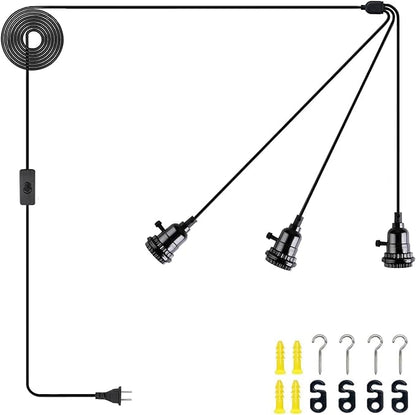 DITEDY 3-Light Plug in Pendant Light Kit, Hanging Lights with Plug in Cord 21FT Hanging Lamp Cord with On/Off Switch, DIY Vintage Black Pendant Lamp E26 Socket for Bedroom Kitchen Island
