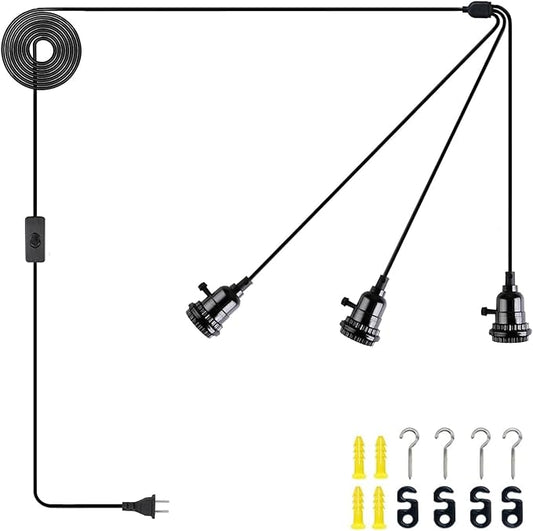 DITEDY 3-Light Plug in Pendant Light Kit, Hanging Lights with Plug in Cord 21FT Hanging Lamp Cord with On/Off Switch, DIY Vintage Black Pendant Lamp E26 Socket for Bedroom Kitchen Island