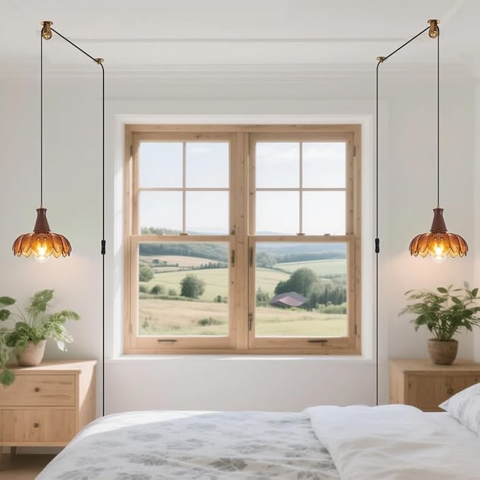 YLONG-ZS Plug in Pendant Light,Hanging Light Plug in Vintage Flower Glass Walnut Wood Pendant Light, Modern Gold Pulley Hanging Lamp for Kitchen Island, Bedroom, Dining Room, Living Room，Corner
