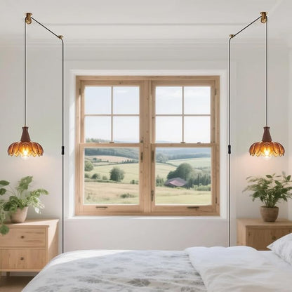 YLONG-ZS Plug in Pendant Light,Hanging Light Plug in Vintage Flower Glass Walnut Wood Pendant Light, Modern Gold Pulley Hanging Lamp for Kitchen Island, Bedroom, Dining Room, Living Room，Corner