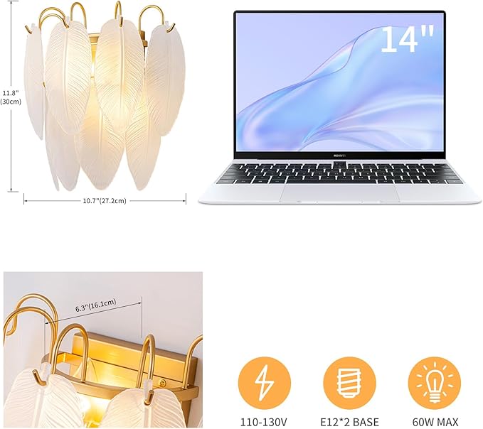 LumFurn 2-Light Gold Wall Sconces, Modern Design Indoor Wall Lamp, Vanity Wall Mount Light Fixture for Bathroom, Hallway, Bedroom, Frosted Feather-Shaped Glass Shade & Brass Finish Frame