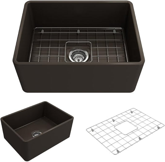 BOCCHI Classico Farmhouse Apron Front Fireclay 24 in. Single Bowl Kitchen Sink with Protective Bottom Grid and Strainer in M. Brown