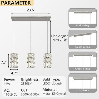 3-Lights Rectangle Modern Crystal Pendant Lights for Kitchen Island LED Dimmable Glam Pendant Lighting Chandelier for Dining Room Hallway Corner Lamp Nickel