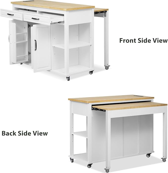 Versatile Kitchen Island Cart with Extendable Dining Table, Ample Storage, Built-in Power Outlet, and Adjustable Shelves - White and Natural Wood