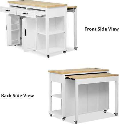 Versatile Kitchen Island Cart with Extendable Dining Table, Ample Storage, Built-in Power Outlet, and Adjustable Shelves - White and Natural Wood