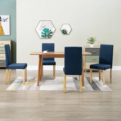 Set of 4 Blue Fabric Dining Chairs with Natural Rubber Wood Legs – Ergonomic Tufted Cushion, Durable Construction for Kitchen Dining Room Indoor Seating