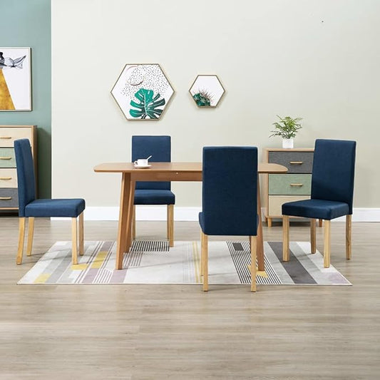 Set of 4 Blue Fabric Dining Chairs with Natural Rubber Wood Legs – Ergonomic Tufted Cushion, Durable Construction for Kitchen Dining Room Indoor Seating