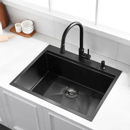 28 Black Drop in Kitchen Sink, Luckyhorse 16 Gauge Nano Black Stainless Steel 28x22x10 Inches Topmount Workstation Kitchen Sinks LH005S