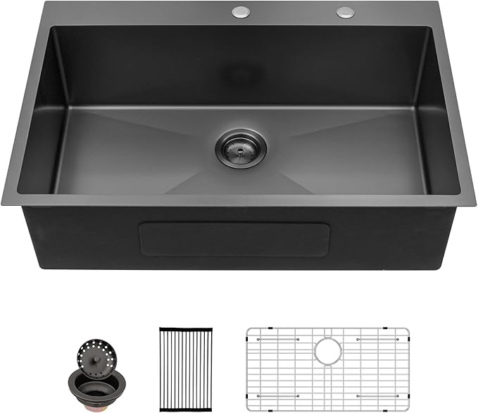 Sarlai 33 Black Kitchen Sink Drop In - 33x22 Inch Kitchen Sink Topmount Gunmetal Black 16 Gauge Stainless Steel Single Bowl Above Counter Rectangular Sinks Basin
