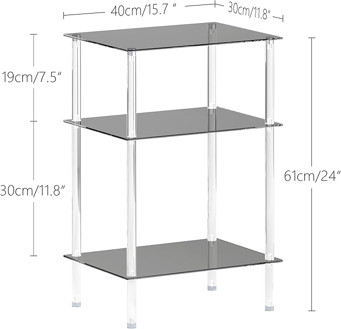 Tempered Glass Side Table, Acrylic End Table, 3-Tier Transparent Nightstand, Clear Coffee Table, for Small Spaces Living Room Bedroom Balcony Black LET519BK