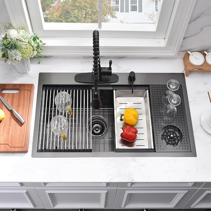 33x19 Drop In Kitchen Sink-Bokaiya 33 Inch Drop In Kitchen Sink with Cup Washer Black Stainless Steel Topmount Sink 16 Gauge Single Bowl Kitchen Sink with Cutting Board