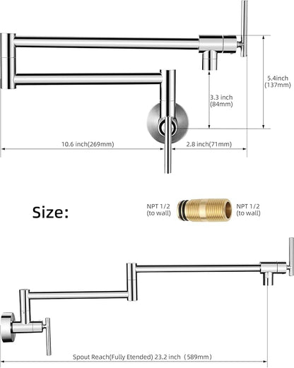 Fransiton Brushed Nickel Pot Filler, Pot Filler Faucet Wall Mount, Brass Folding Stretchable with Double Joint Swing Arm Single Hole Two Handles Kitchen