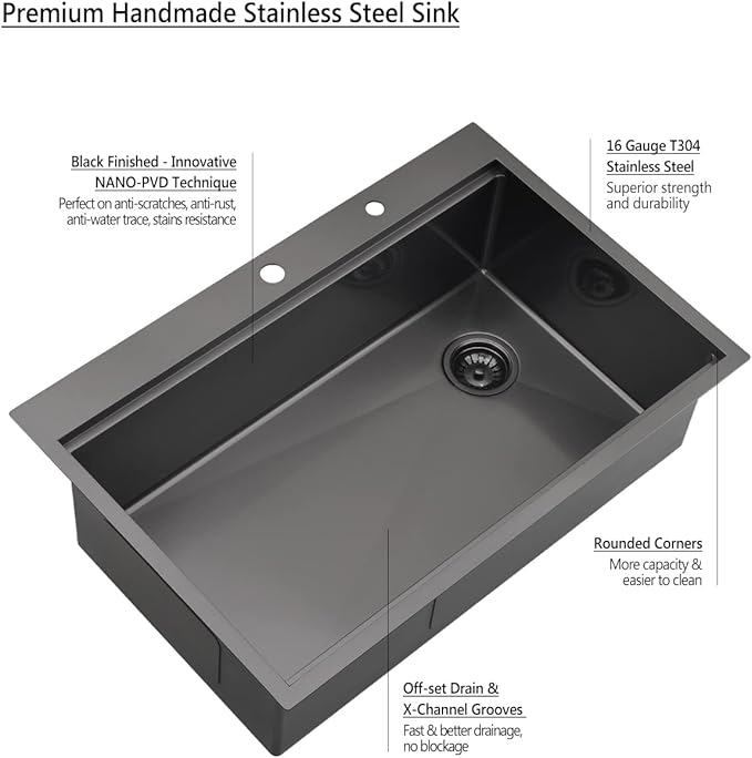 33 Inch Black Kitchen Sink Drop In, 33x22 Drop In Kitchen Sink Single Bowl Black 16 Gauge Stainless Steel Workstation Sink Deep Topmount with Offset Drain