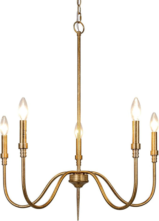 5-Light Farmhouse Chandelier Lighting Fixture, Linear Pendant Light for Kitchen Island Living Dining Room, Antique Gold Finished