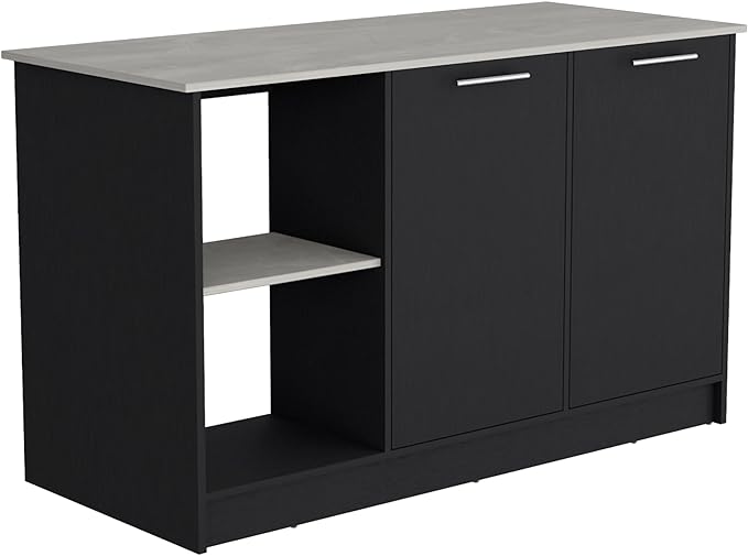 GOWE Juniper Kitchen Island with Large Top Surface, Double Door Cabinet, and Open Shelves Black/Ibiza Marble