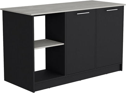 GOWE Juniper Kitchen Island with Large Top Surface, Double Door Cabinet, and Open Shelves Black/Ibiza Marble