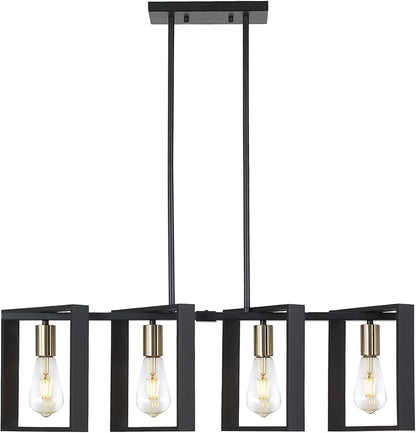 9MMML 4 Lights Wood Chandelier,Industrial Rectangle Linear Dining Room Pendant Light, Black Wood Frame+Gold E26 Socket,Kitchen Island Light for Hallway Bar Pool Table, Height Adjustable