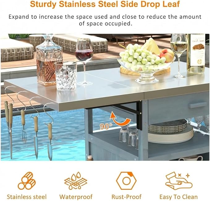 Casaphoria 40.5" Outdoor BBQ Grill Cart, Stainless Steel Top Rolling Outdoor Kitchen Cart Flip Board, Fir Wood Bar Carts with Towel Holder, Lockable Wheels for Patio Lawn Garden,Blue