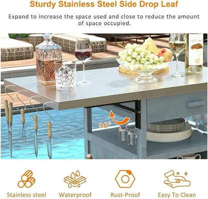 Casaphoria 40.5" Outdoor BBQ Grill Cart, Stainless Steel Top Rolling Outdoor Kitchen Cart Flip Board, Fir Wood Bar Carts with Towel Holder, Lockable Wheels for Patio Lawn Garden,Blue