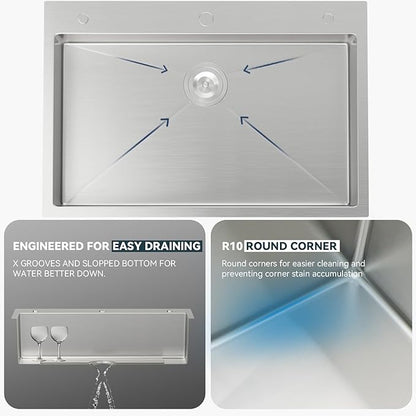 Lordear 30 Inch Drop In Kitchen Sink with Faucet 16 Gauge Stainless Steel Single Bowl Kitchen Sink with Glass Rinser, Pull-out Faucet, and Soap Dispenser #T30229-F16030SS