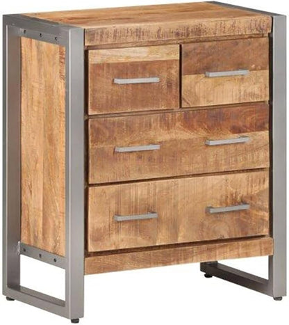 Industrial Sideboard, Rough Mango Wood, Iron Frame, 23.6" Long, 4-Drawer Storage Cabinet for Living Room, Natural Brown Kitchen Furniture
