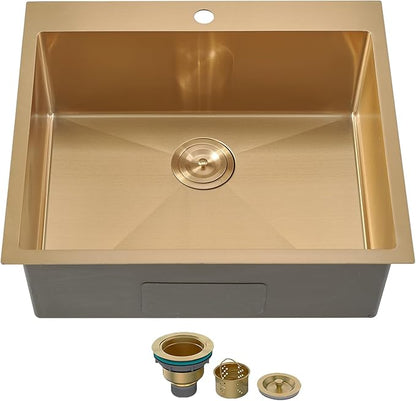SHACO 25x22 Gold Kitchen Sink, 25 Inch Drop In Gold RV Laundry Utility Sink, Top Mount 16 Gauge Stainless Steel Single Bowl Deep Small Kitchen Bar