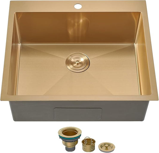 SHACO 25x22 Gold Kitchen Sink, 25 Inch Drop In Gold RV Laundry Utility Sink, Top Mount 16 Gauge Stainless Steel Single Bowl Deep Small Kitchen Bar