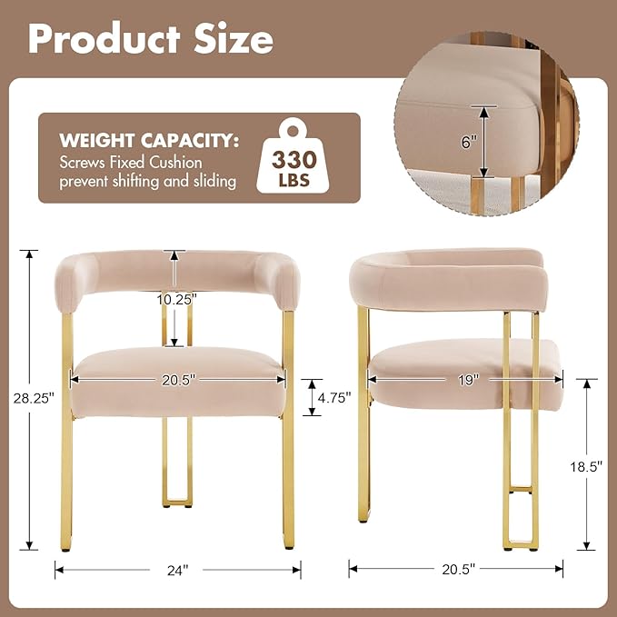 Hyfirm Velvet Dining Chairs Set of 4, Khaki Upholstered Barrel Armchairs with Gold Metal Legs for Kitchen Island, Mid Century Modern Accent Side Chairs for Dining Room and Living Room, Open-Back