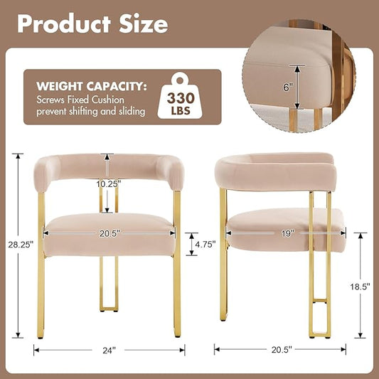 Hyfirm Velvet Dining Chairs Set of 2, Khaki Upholstered Barrel Armchairs with Gold Metal Legs for Kitchen Island, Mid Century Modern Accent Side Chairs for Dining Room and Living Room, Open-Back
