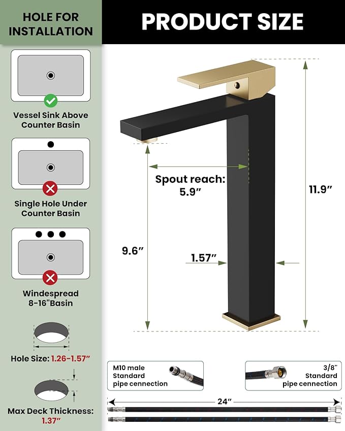 gotonovo Vessel Sink Faucet Single Handle Tall Bathroom Faucet One Hole Modern Lavatory Vanity Basin Mixer Tap Matching Supply Hoses and Pop up Drain Without Overflow, Matte Black&Brushed Gold